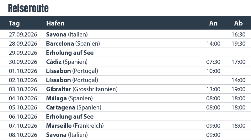 RH435_Mittelmeer & Atlantik_Reiseroute DE Mittelmeer und Atlantik Costa Diadema 21