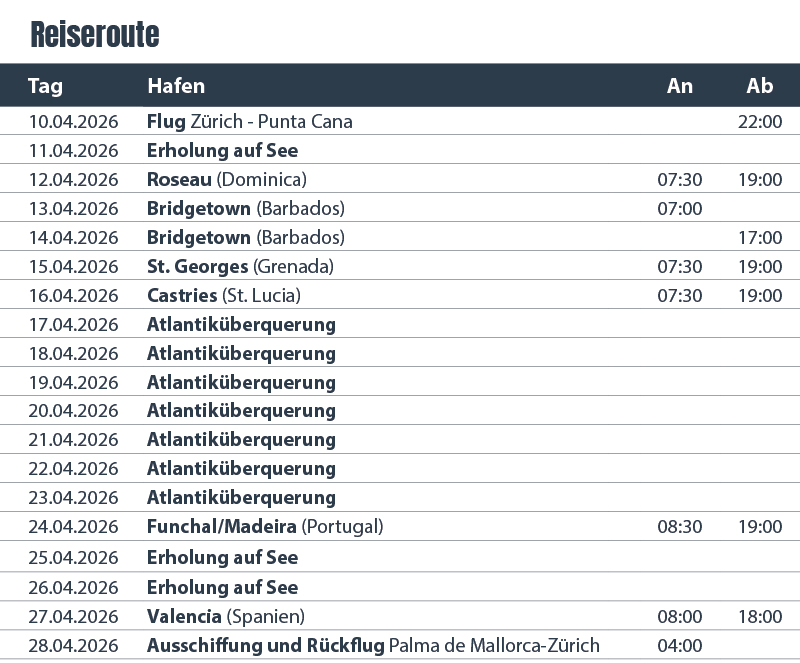 RH470_Karibik-:Transatlantik-Kreuzfahrt_Reiseroute Karibik-Transatlantik Kreuzfahrt - Mein Schiff 1 14