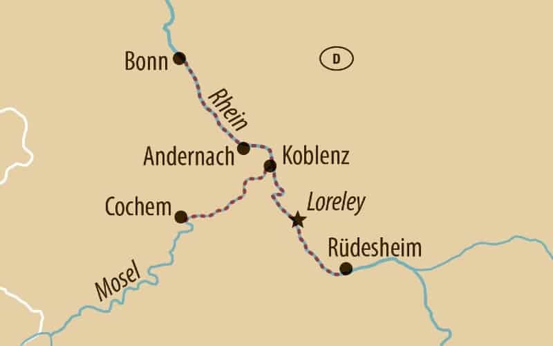 Karte mit der Routde der Flusskreuzfahrt Mosel und Rhein